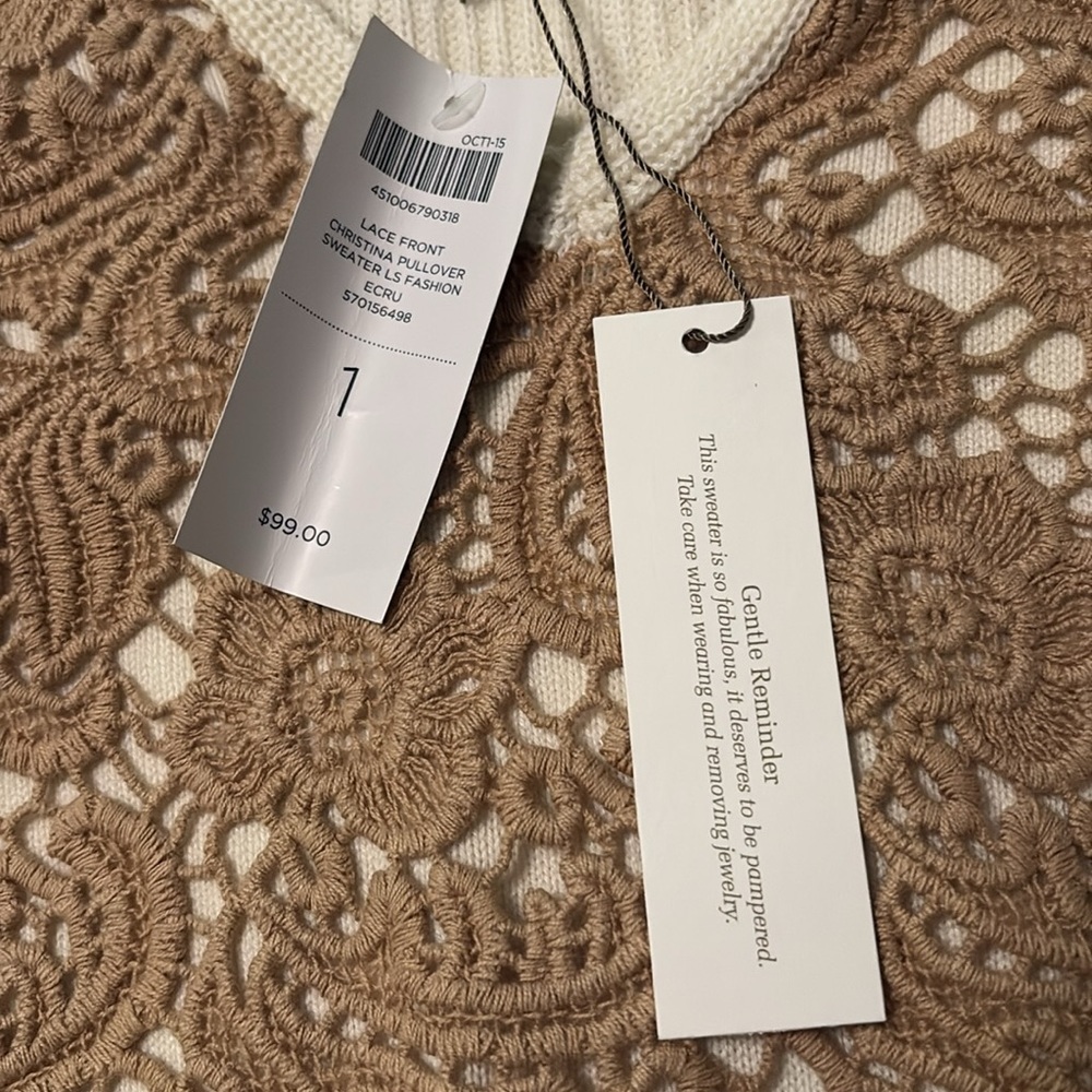 NWT Chico's V-Neck Crochet Front Sweater in Cream & Camel - Picture 3 of 4